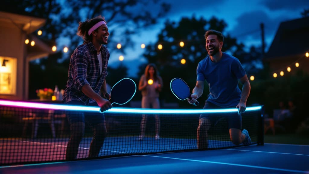 Night pickleball game illuminated with glow gear